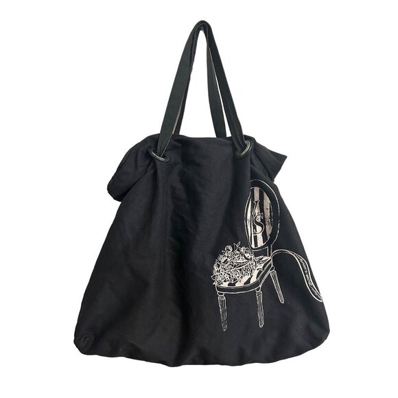 Victorias Secret Black Canvas Tote Bag Chair Print 16x17 Inch - Picture 1 of 9